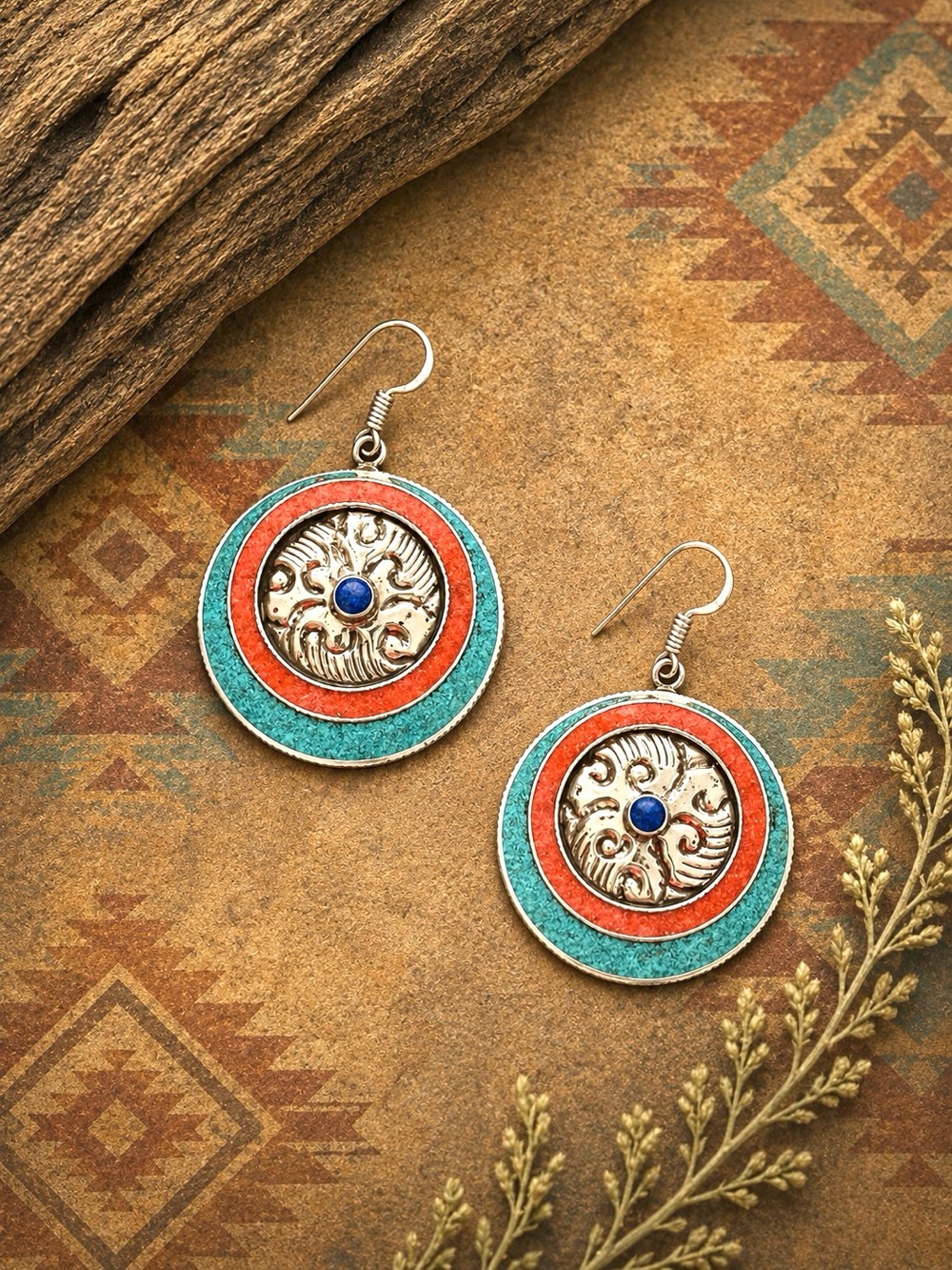 Southwest Turquoise Coral Lapis Tibetan Silver 2” Earrings